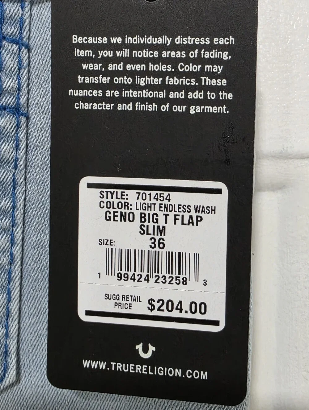 True Religion Geno Big T Flap Slim Jeans Blue Mens 36X32